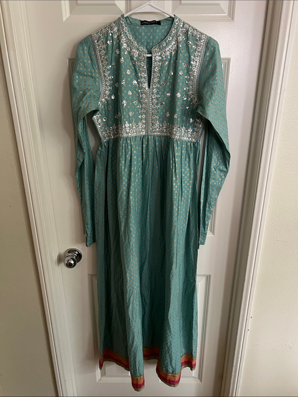 Limelight Teal Maxi Dress with Silver Embroidery and Multicolor Hem